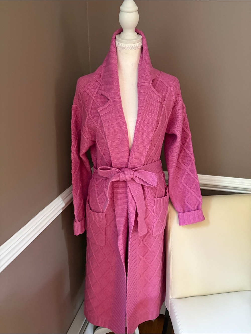 Women’s Pink Knit Belted Robe Cardigan